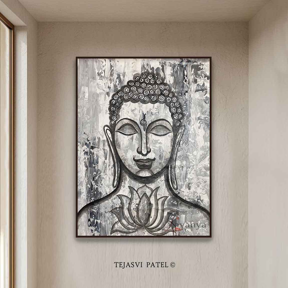 Textured Buddha Canvas Painting |Spiritual Wall Art | Black and white