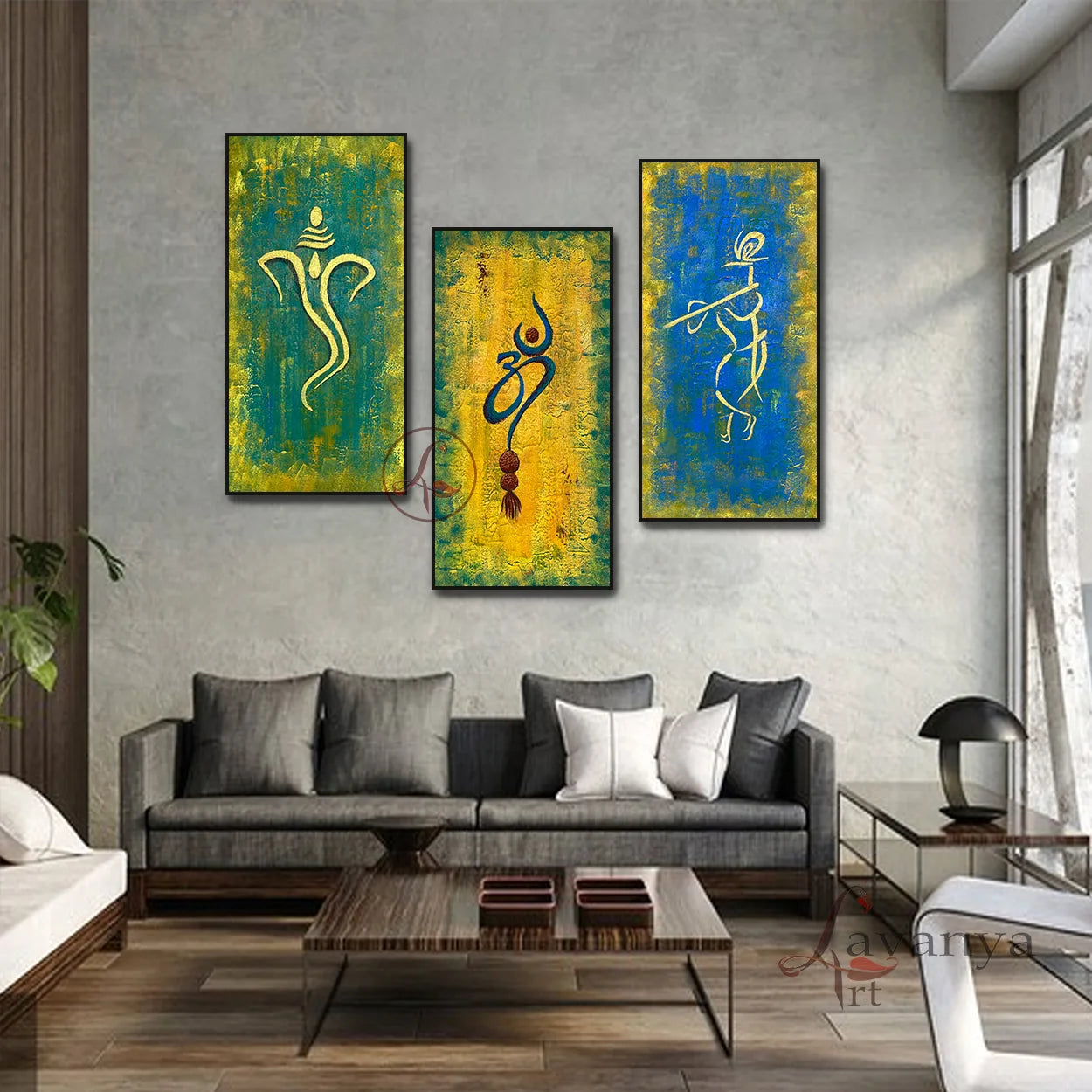 Modern Hindu Art Set of 3 | Ganesha Radha Krishna Om Abstract Canvas Paintings