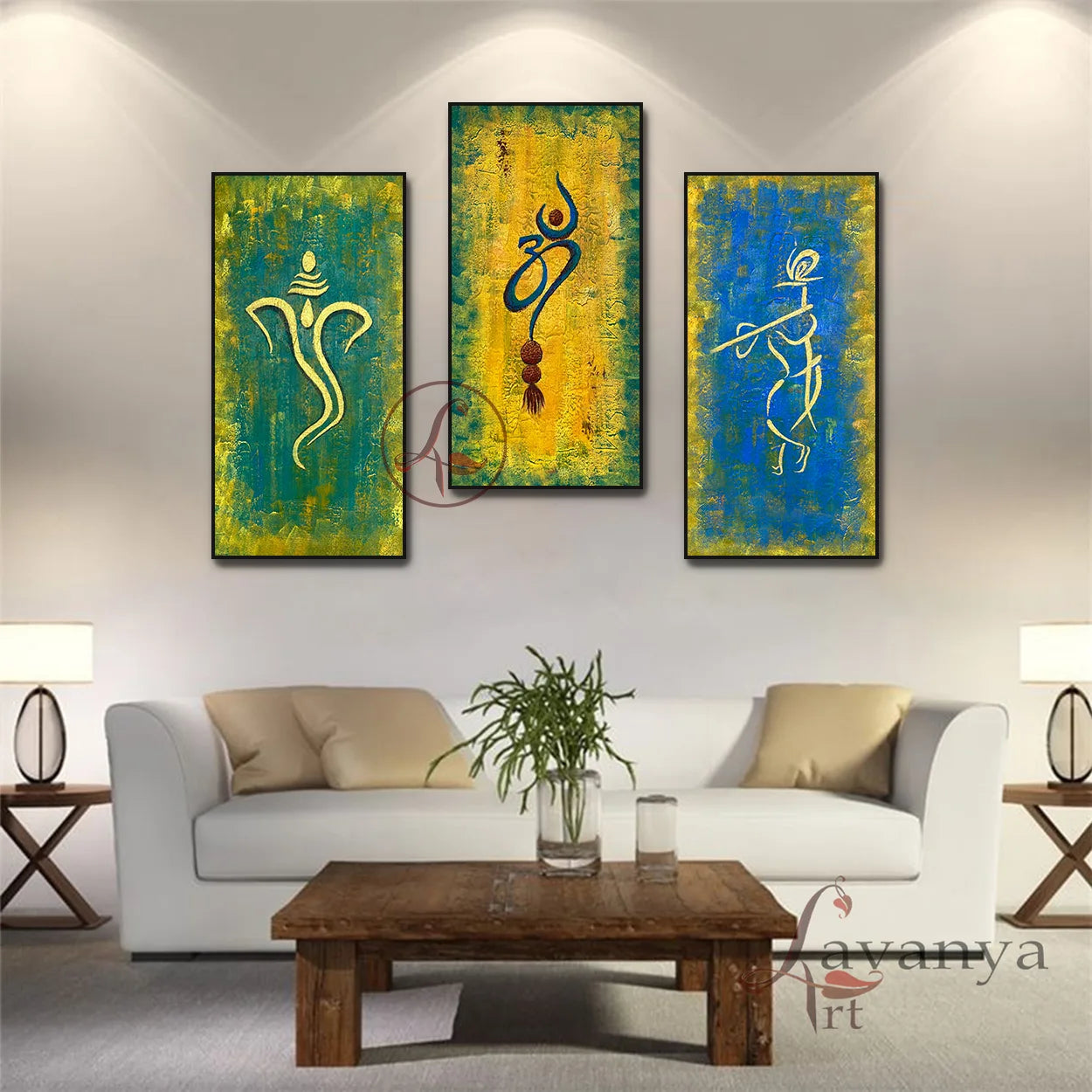 Modern Hindu Art Set of 3 | Ganesha Radha Krishna Om Abstract Canvas Paintings