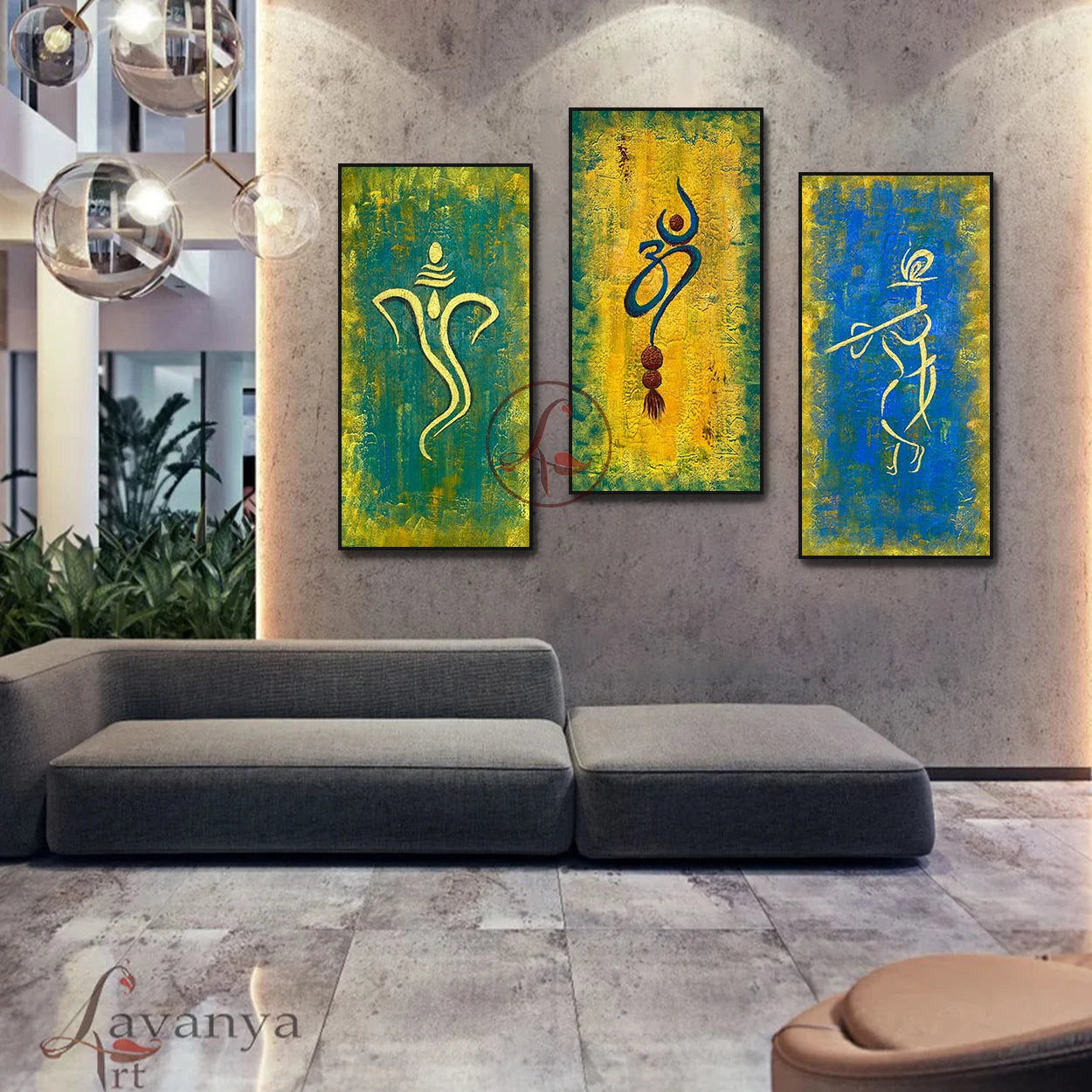 Modern Hindu Art Set of 3 | Ganesha Radha Krishna Om Abstract Canvas Paintings