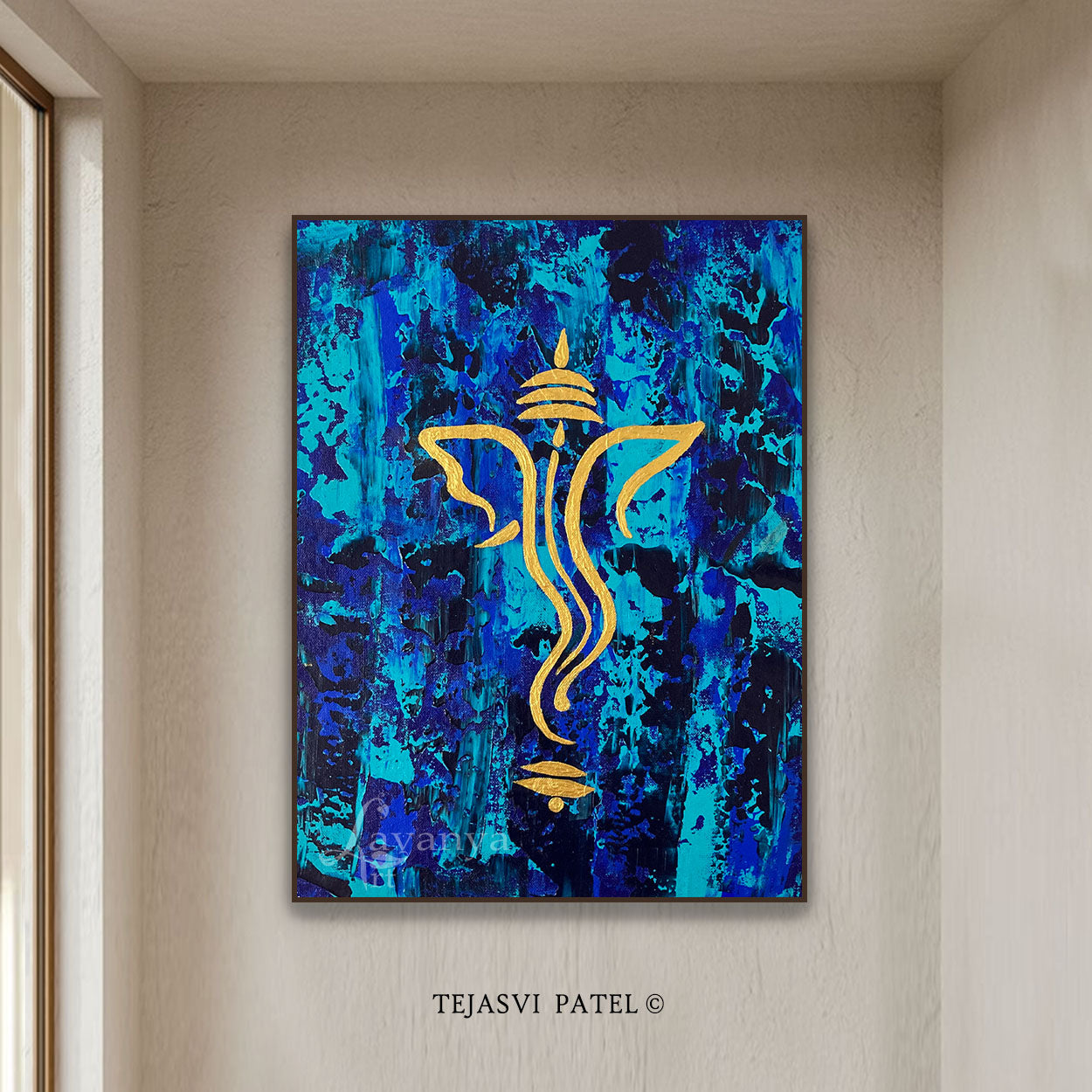 Blue Gold Ganesha Art | Handmade Indian Canvas Painting
