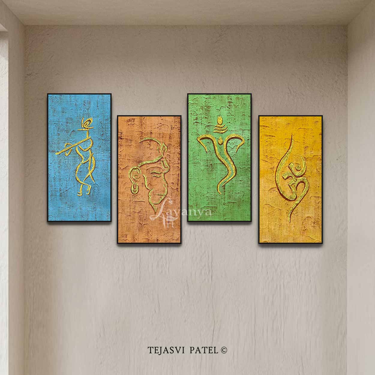 Modern Hindu Art Set of 4 | Ganesha Krishna Om Hanuman Abstract Canvas Art