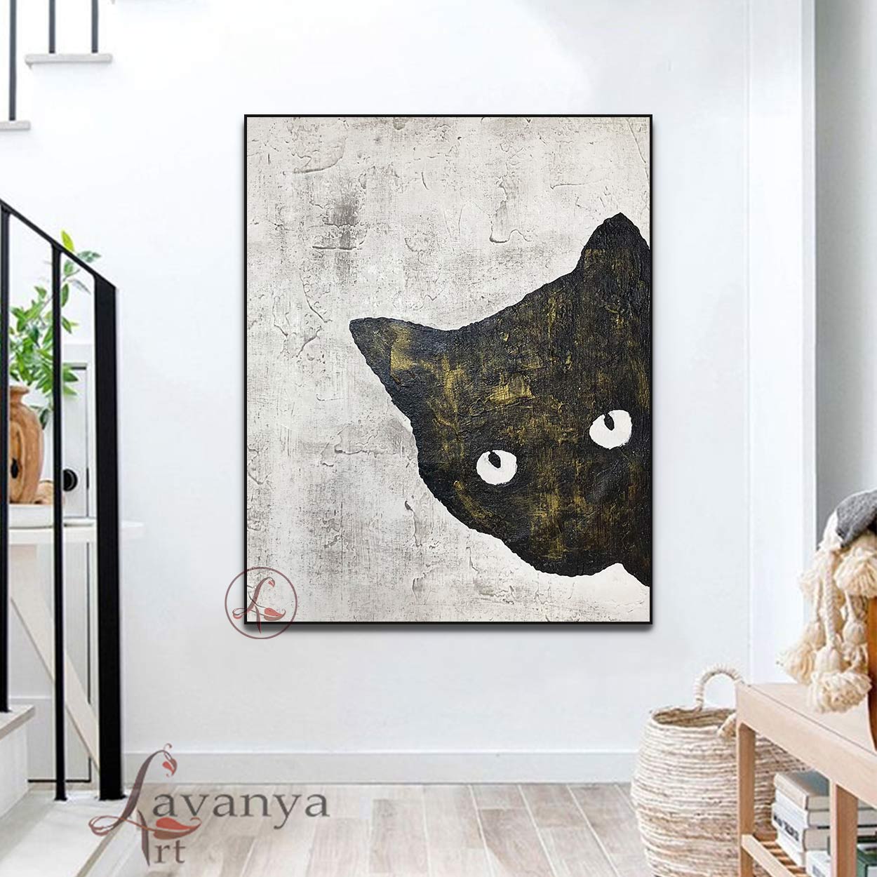 Contemporary Cat Abstract Canvas | Black White Artwork