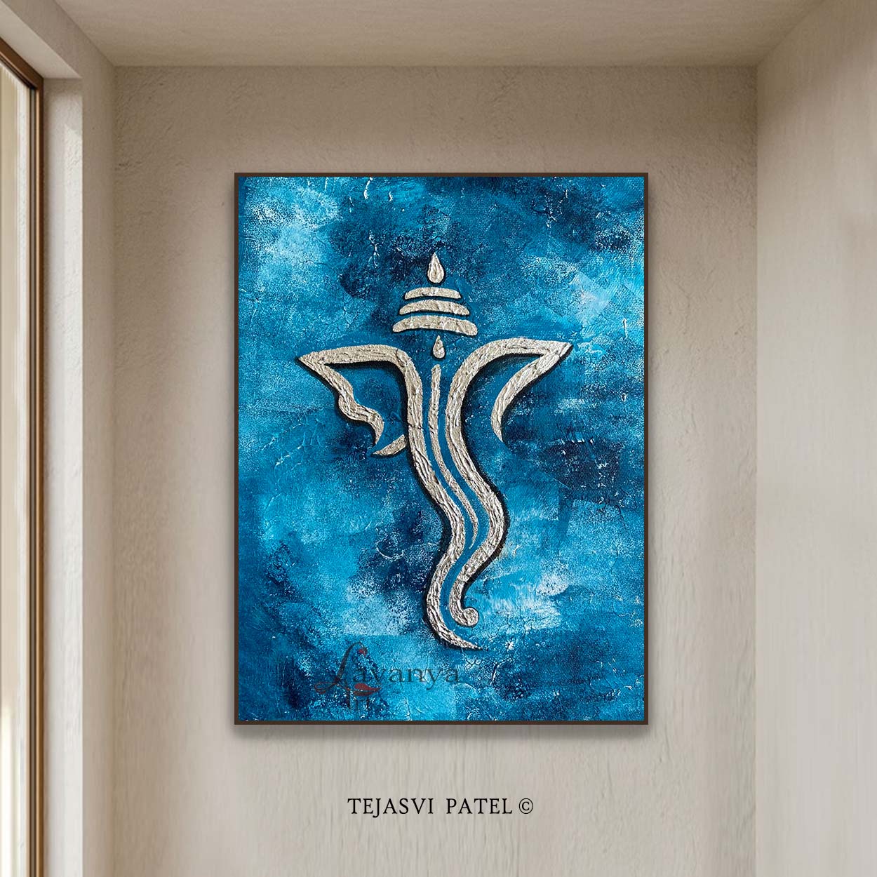 Blue Gold Ganesha Art | Handmade Indian Canvas Painting