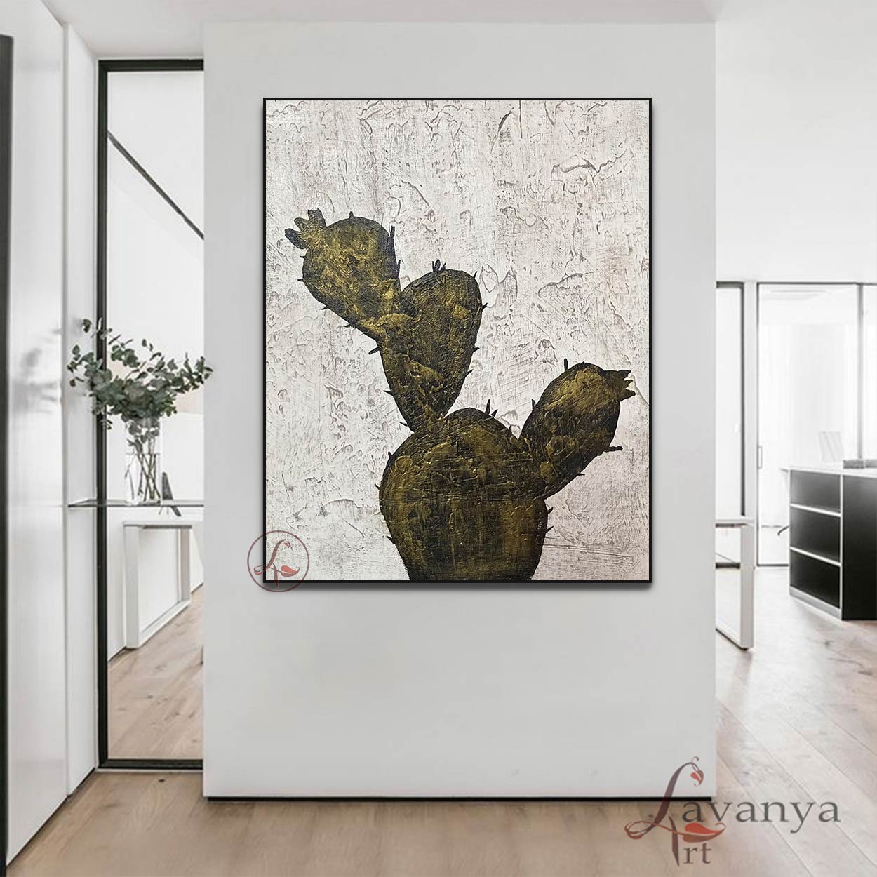 Minimalist Abstract cactus Painting | Black White Canvas Art