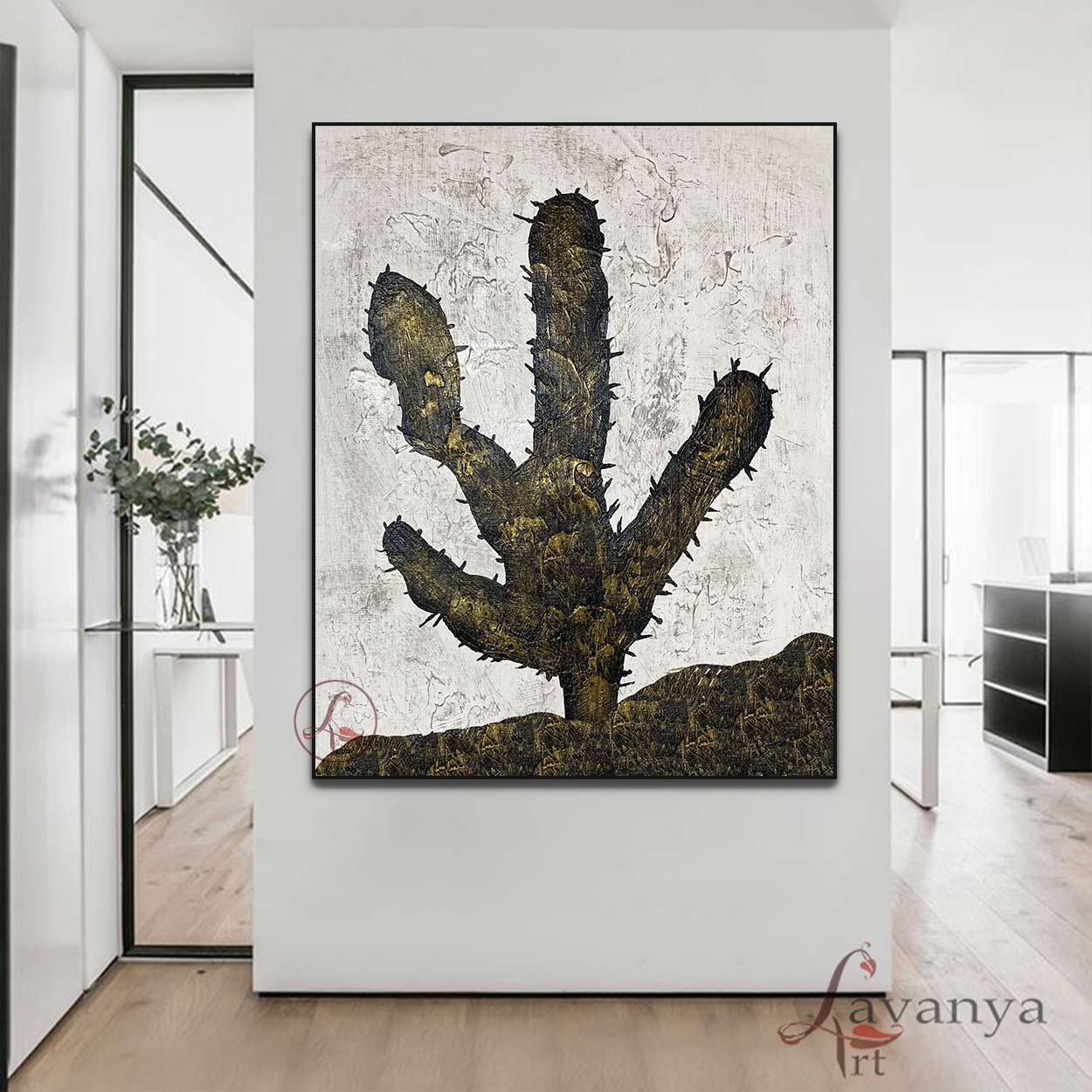 Minimalist cactus Abstract Painting | Black White Canvas Art