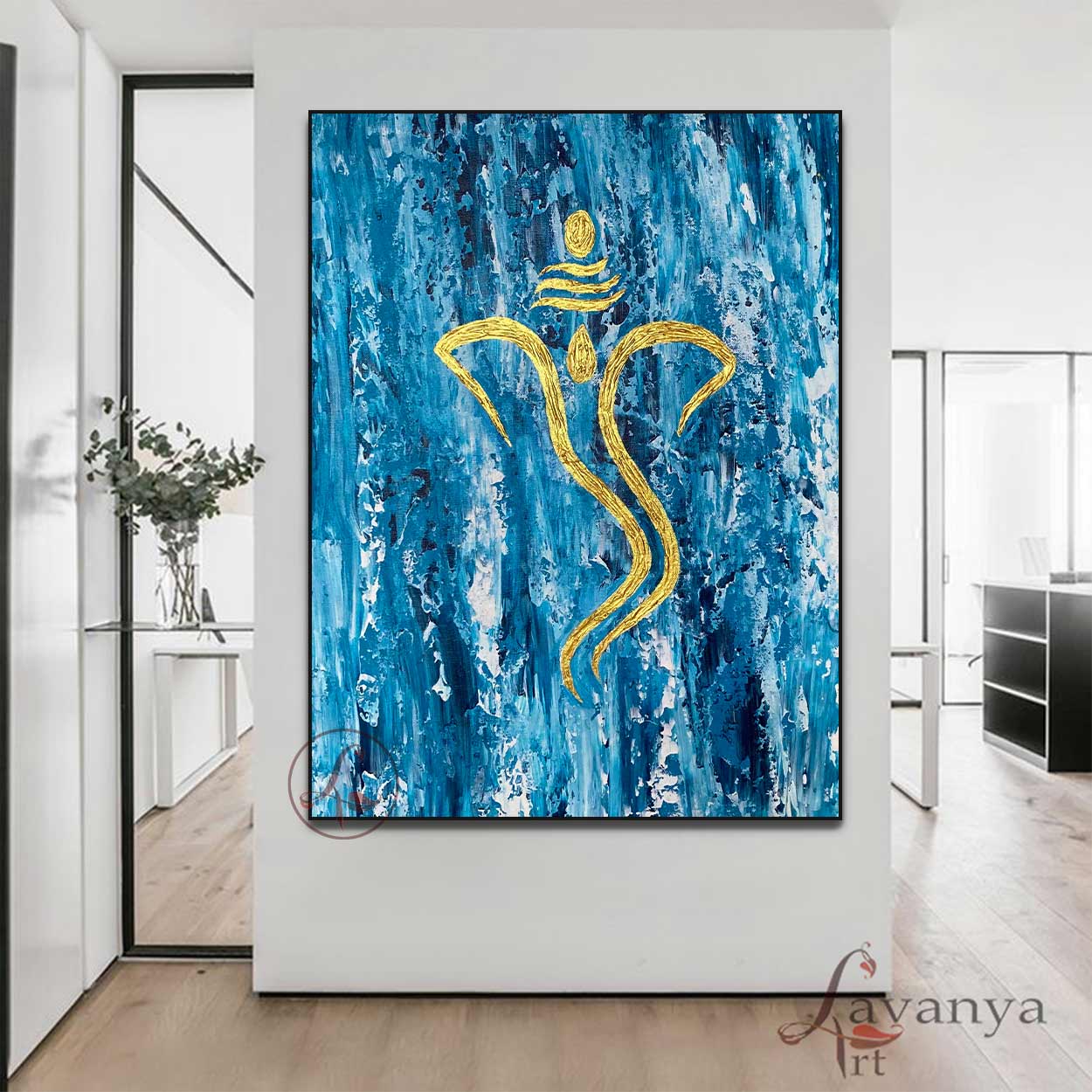 Blue Gold Ganesha Painting | Handmade Textured Canvas Art