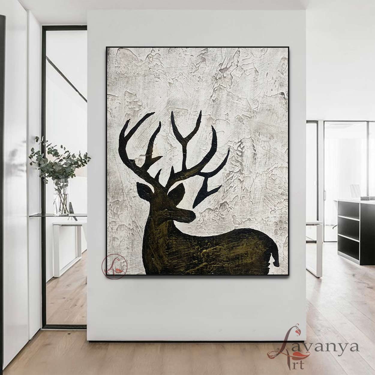 Modern Black White deer Painting | Textured Canvas Wall Art