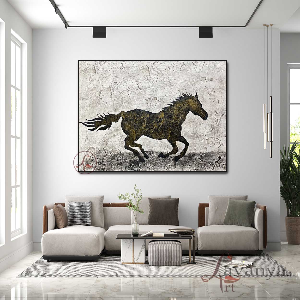 Large Black White Horse Wall Art | Modern Abstract Canvas
