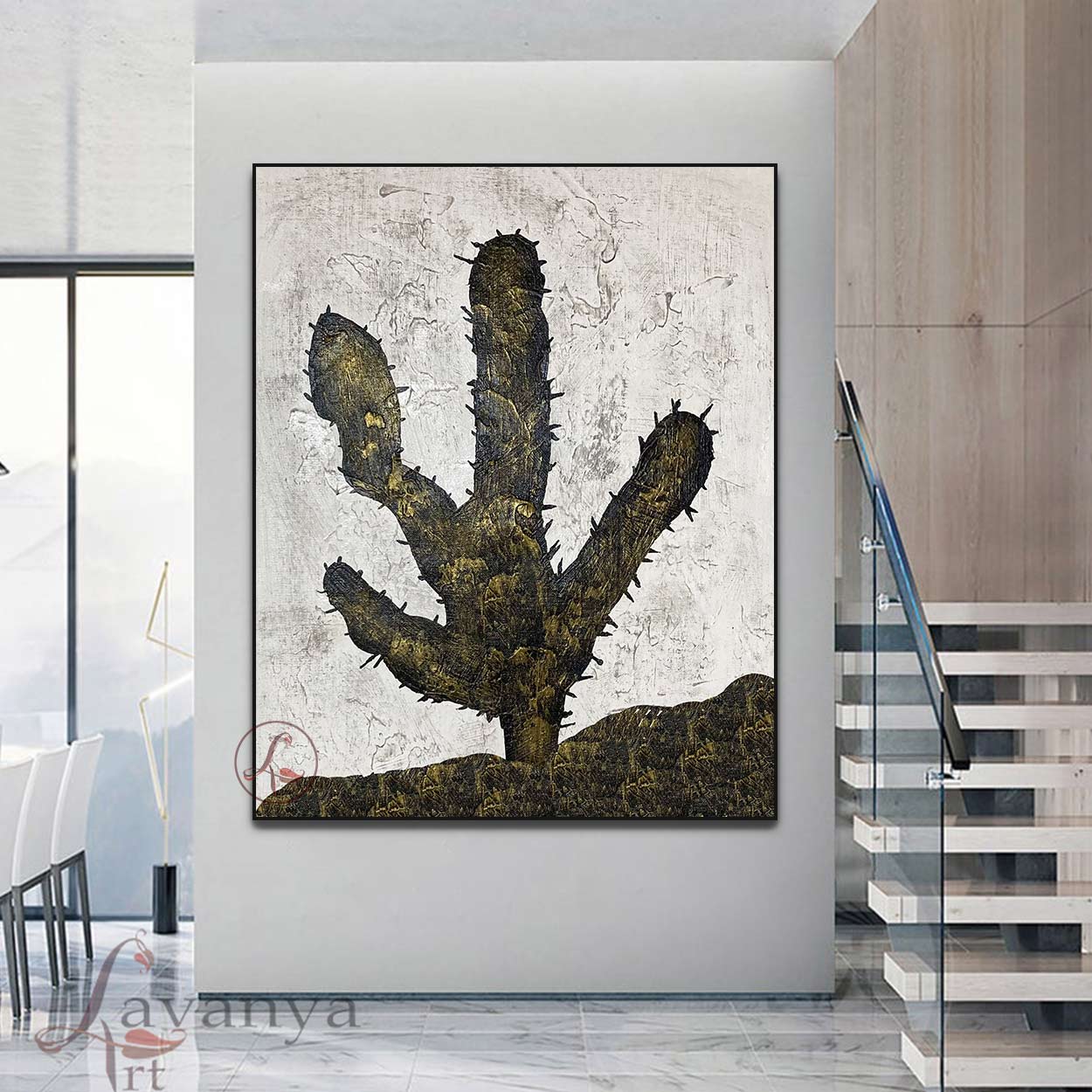 Minimalist cactus Abstract Painting | Black White Canvas Art