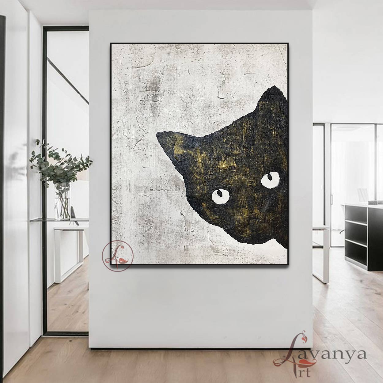 Contemporary Cat Abstract Canvas | Black White Artwork
