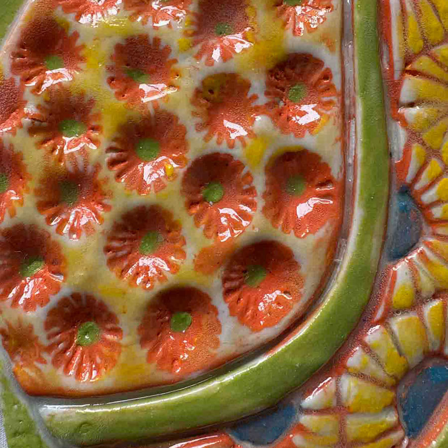 Ceramic Wall Art | Hand-Carved Tile Framed Boho Decor Piece
