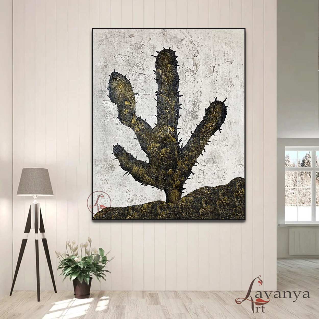 Minimalist cactus Abstract Painting | Black White Canvas Art