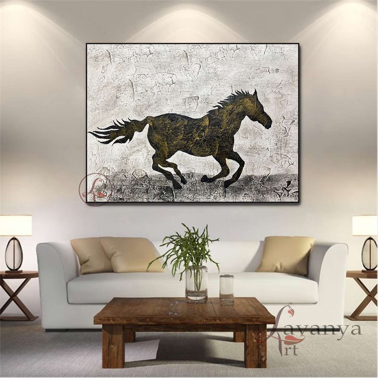 Large Black White Horse Wall Art | Modern Abstract Canvas