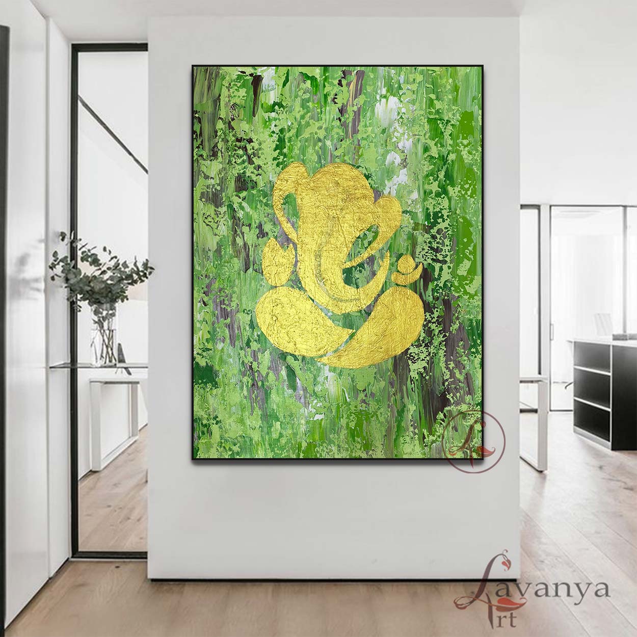 Abstract Ganpati Canvas Painting | Green Gold Indian Art