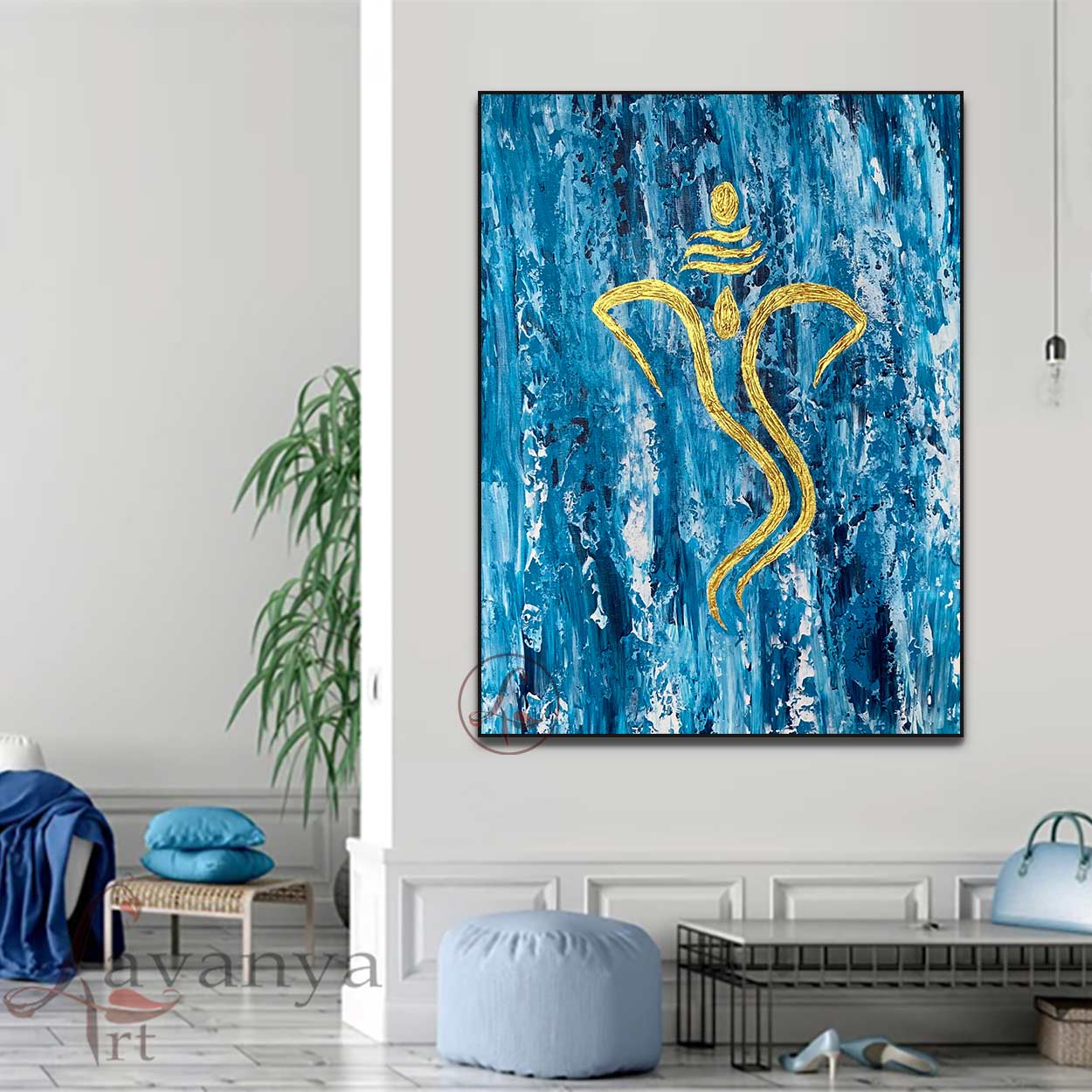 Blue Gold Ganesha Painting | Handmade Textured Canvas Art