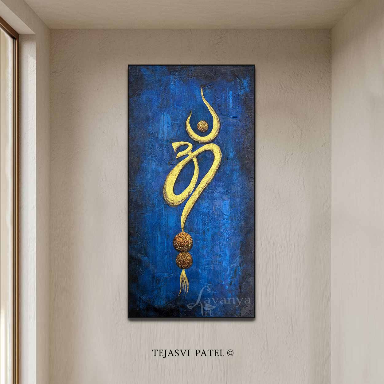 Abstract Om Painting | Handmade Textured Indian Art | Blue Gold