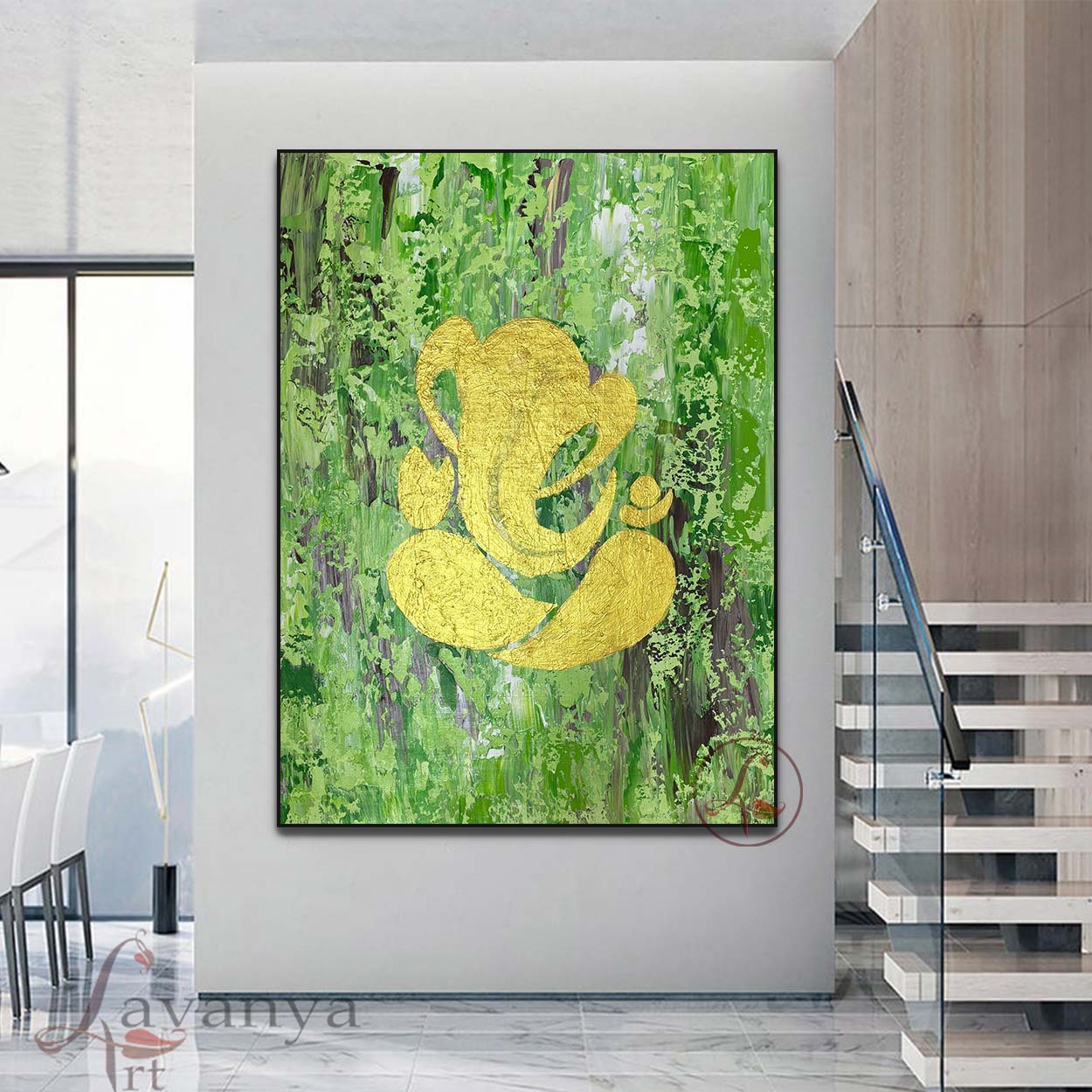 Abstract Ganpati Canvas Painting | Green Gold Indian Art