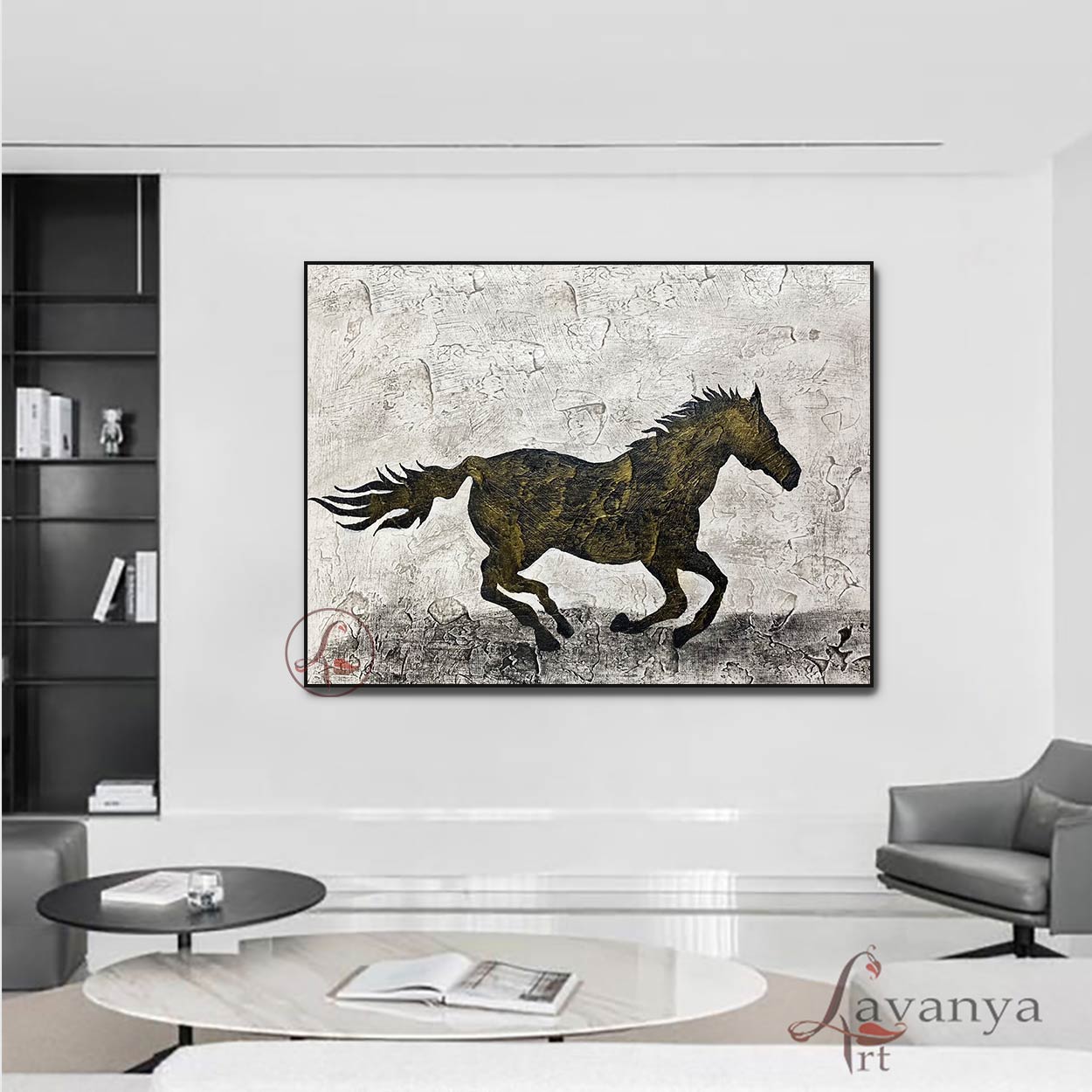Large Black White Horse Wall Art | Modern Abstract Canvas