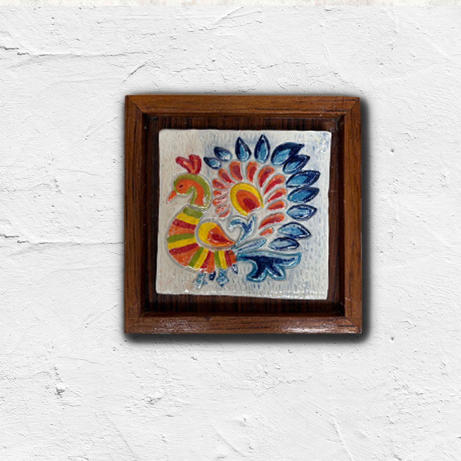Handmade Ceramic Wall Tile | Teak Frame Wall Art Decor