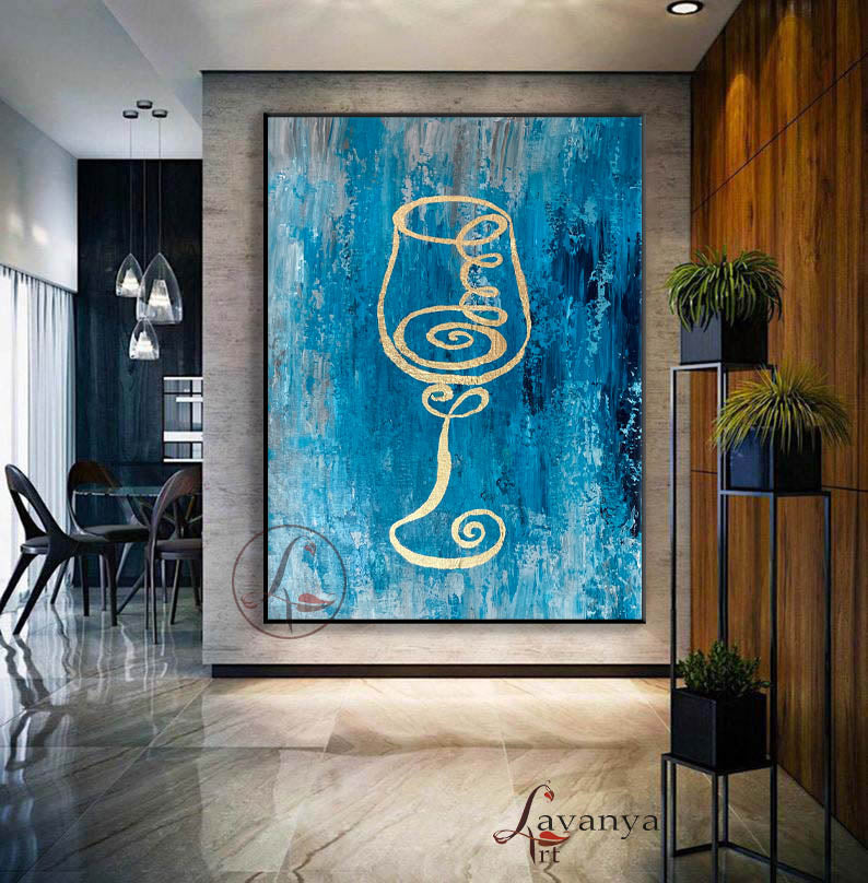 Wine Glass Gold Abstract Painting | Textured Canvas Art