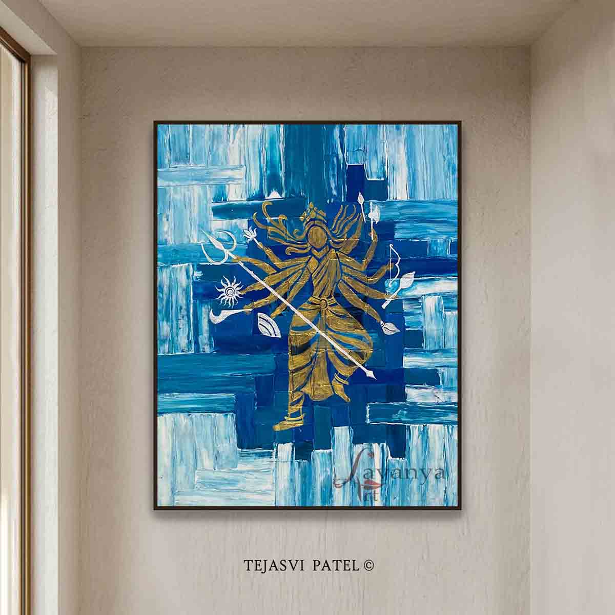 Original handmade abstract Durga Maa painting by Tejasvi Patel featuring textured contemporary Indian canvas art from Lavanya Art Studio.