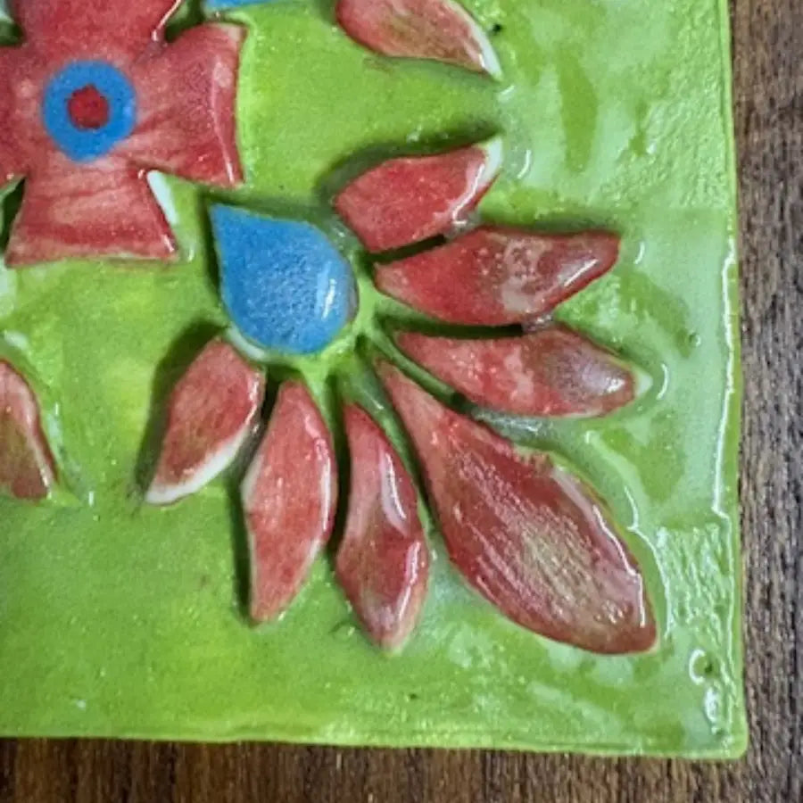 Hand-Carved Ceramic Wall Art | Teak Wood Frame Decor Piece