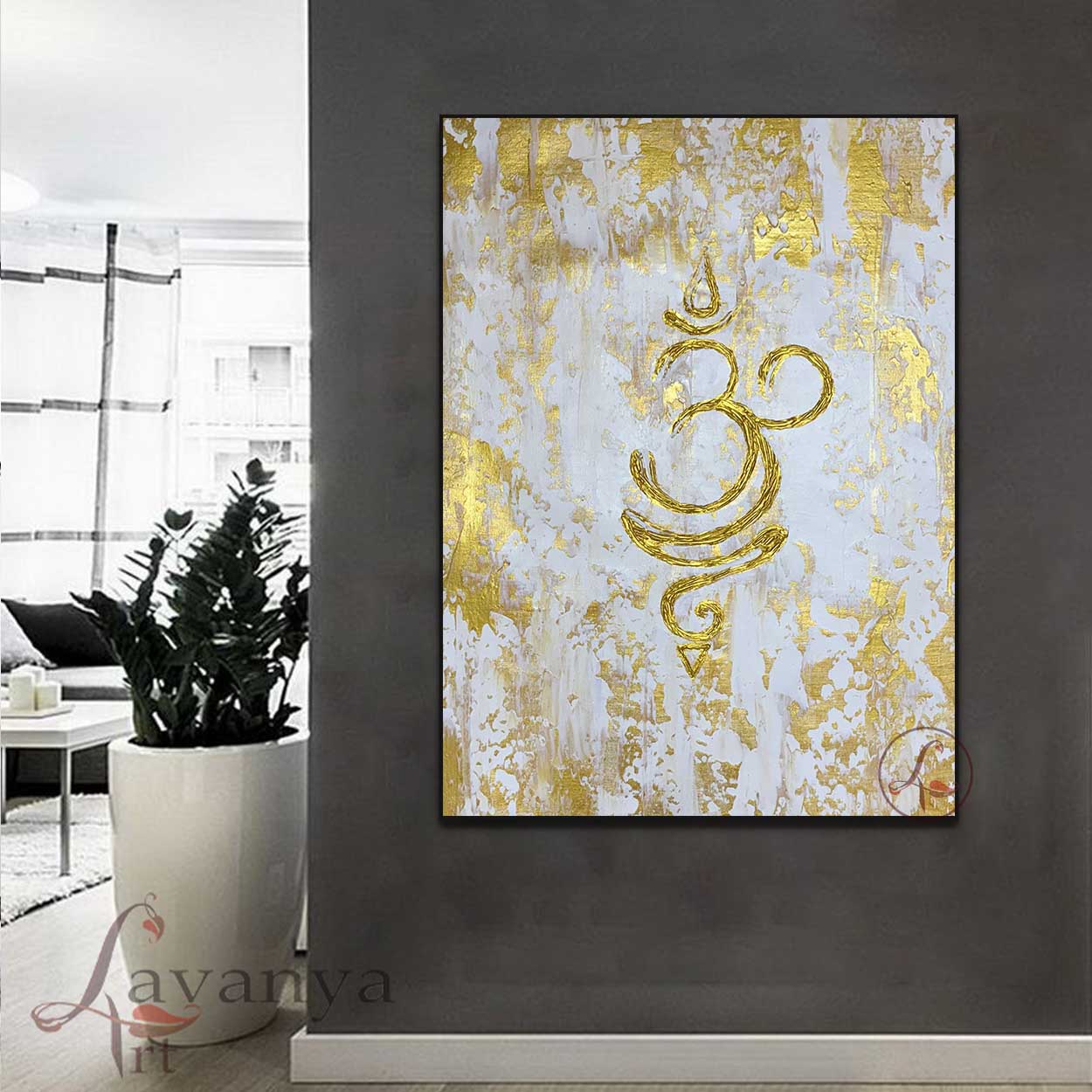 White and Gold Abstract Art | Om Painting