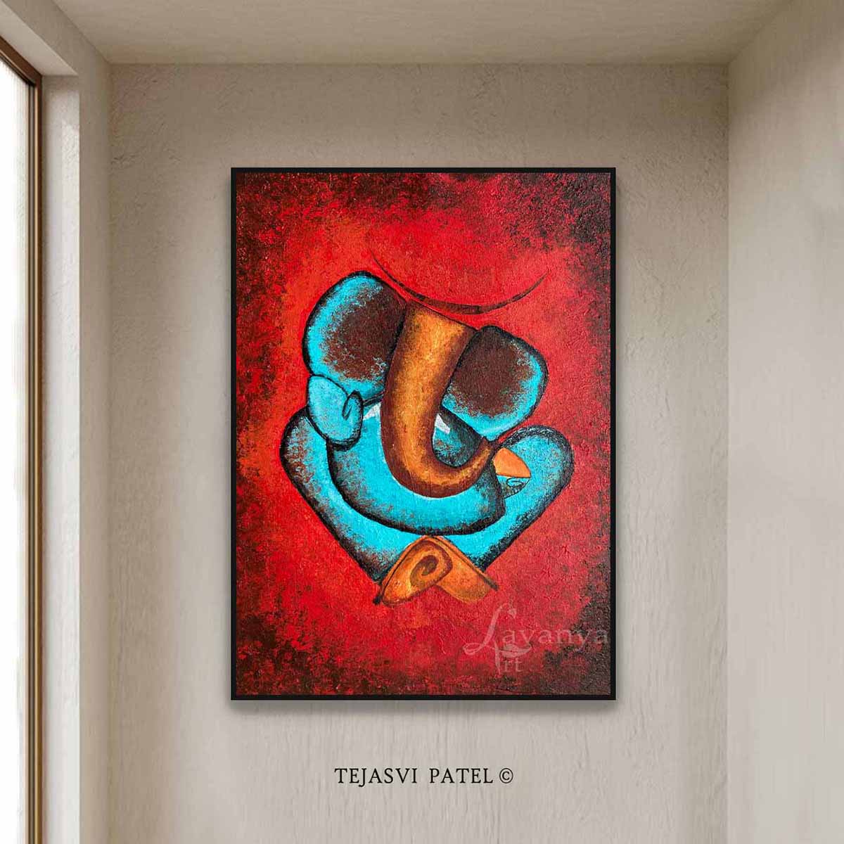 Original handmade abstract Ganesha painting by Tejasvi Patel, textured spiritual canvas wall art from Lavanya Art Studio.