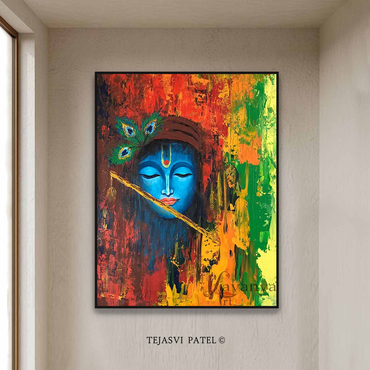 Original handmade abstract Krishna painting by Tejasvi Patel featuring textured contemporary Indian art on canvas.