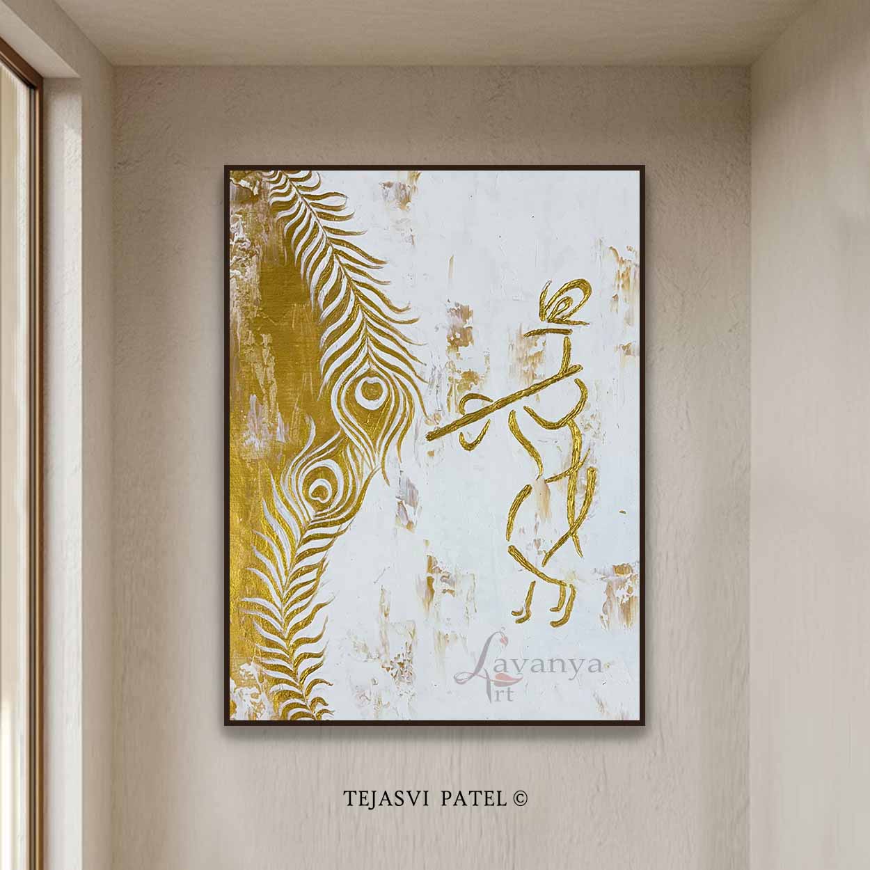 Original handmade abstract Krishna painting by Tejasvi Patel featuring textured contemporary Indian art on canvas.