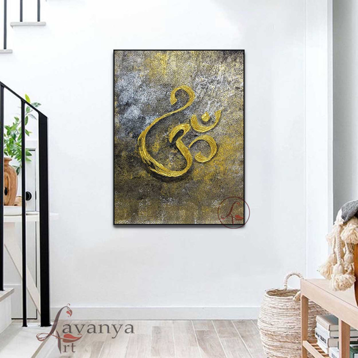 Abstract spiritual Om art handcrafted with textured acrylics for modern interiors.