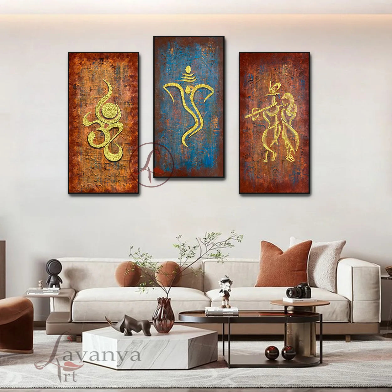 Handmade acrylic Ganesha, om, krishna painting featuring rich textures and contemporary style.
