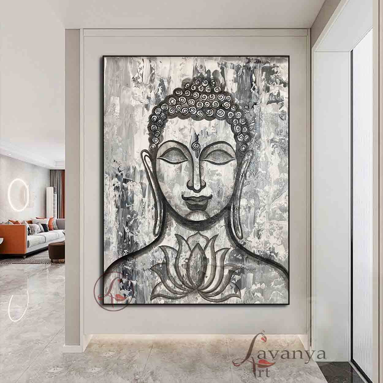 Original Buddha Indian art by Tejasvi Patel of Lavanya Art Studio adds peace, timeless beauty, and grace to luxurious contemporary interiors.