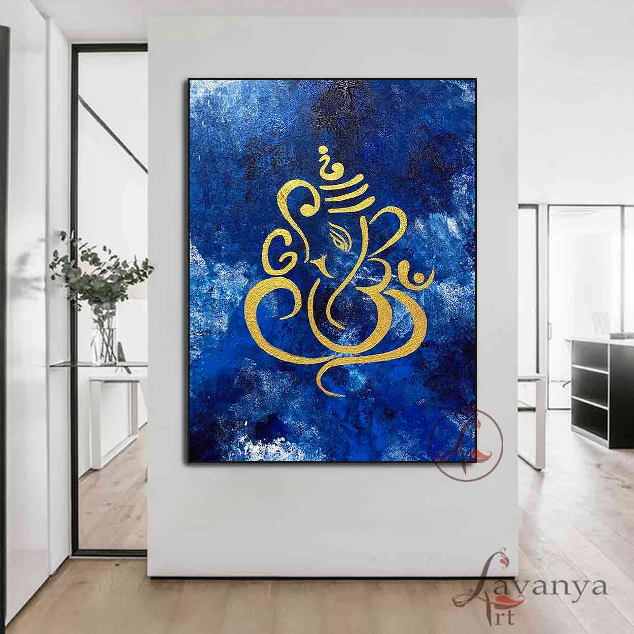 Contemporary abstract Ganesha artwork handcrafted on canvas for modern luxury homes.