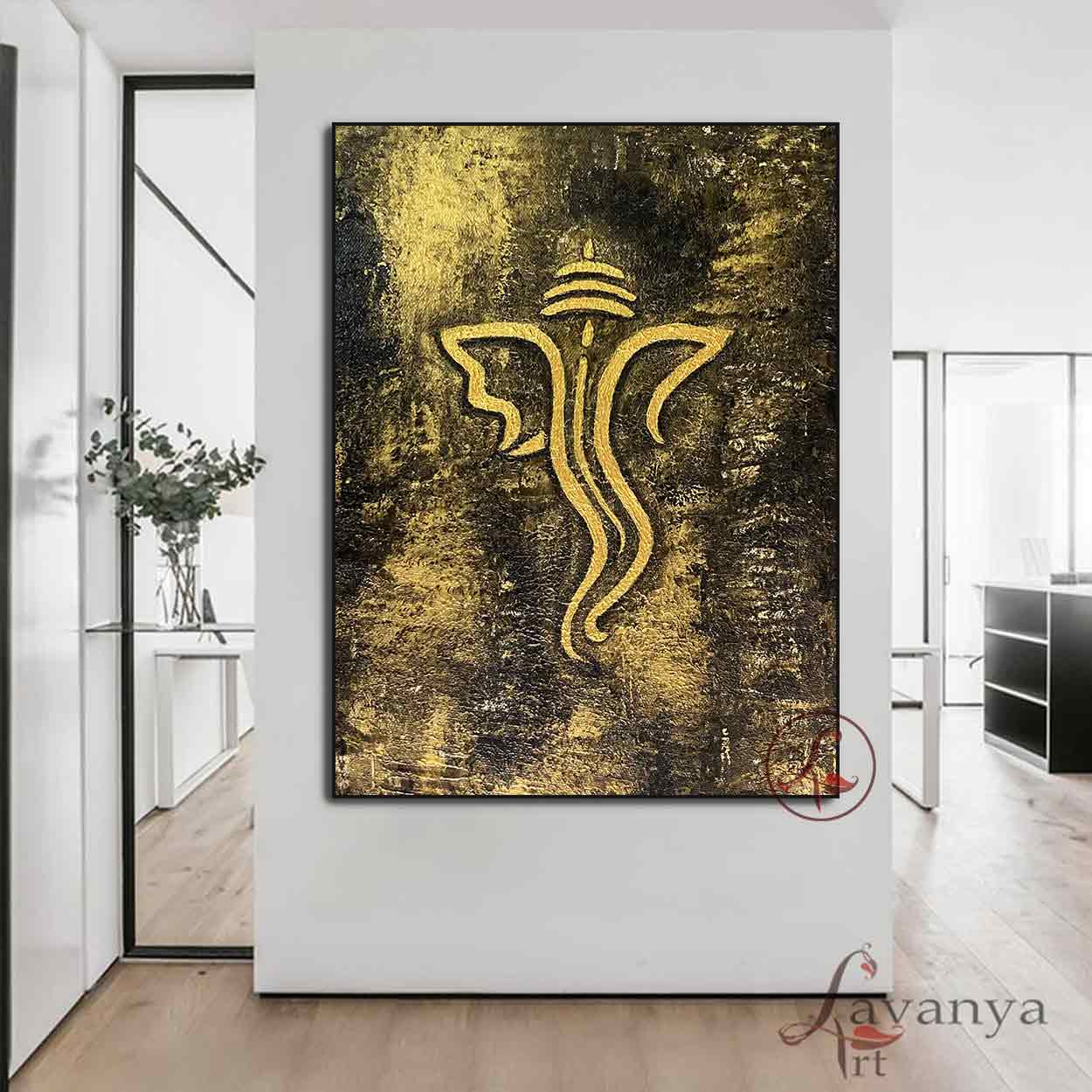 Contemporary abstract Ganesha artwork handcrafted on canvas for modern luxury homes.