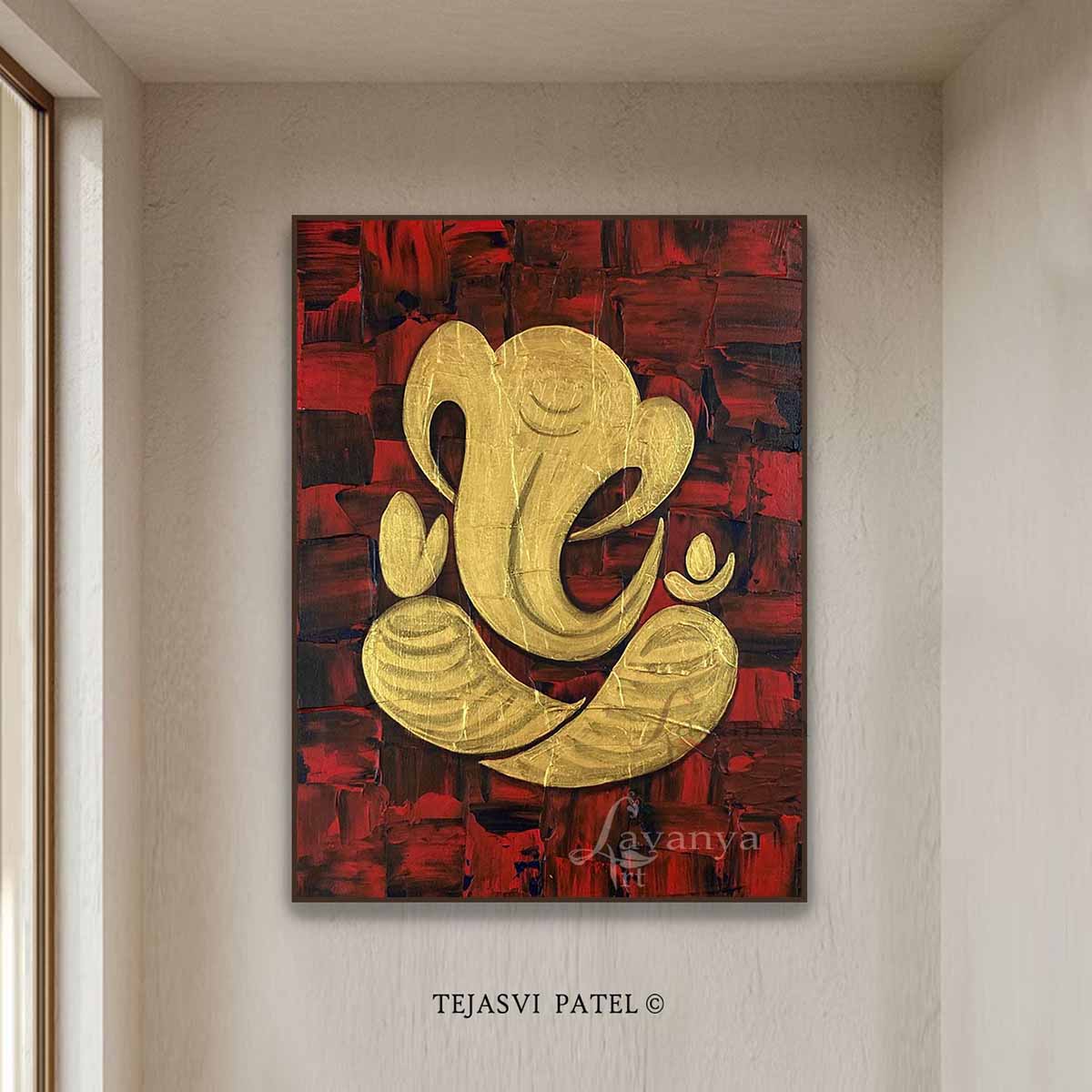 Modern Ganesha painting handcrafted with premium acrylic textures for luxury spiritual wall décor.