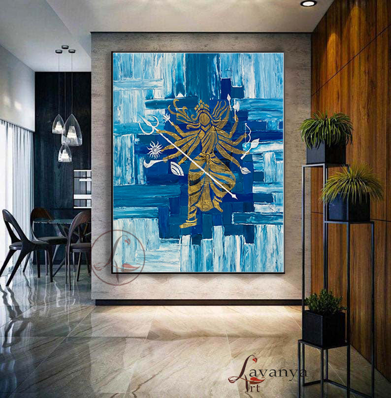Handmade Durga Maa wall art on canvas featuring rich textures, contemporary Indian design, and premium craftsmanship by Tejasvi Patel.