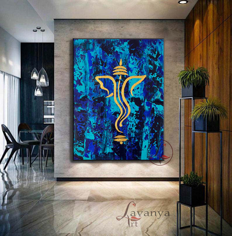 Blue Gold Ganesha Art | Handmade Indian Canvas Painting