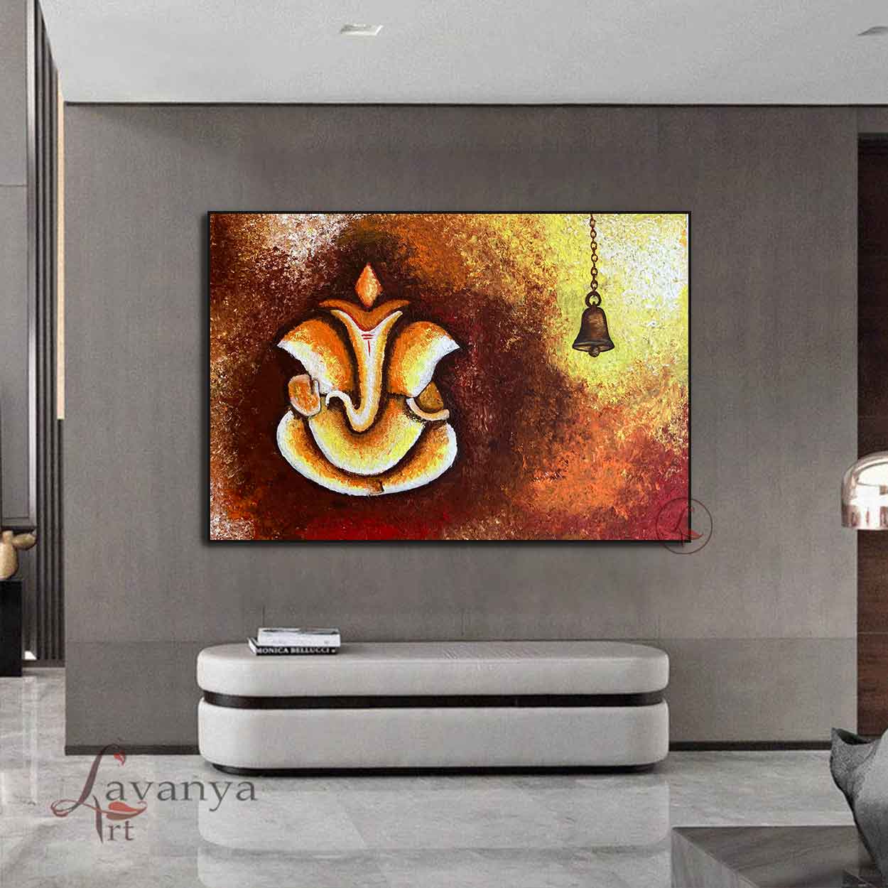 Handmade Ganesha canvas painting with rich textures and contemporary Indian design by Tejasvi Patel.