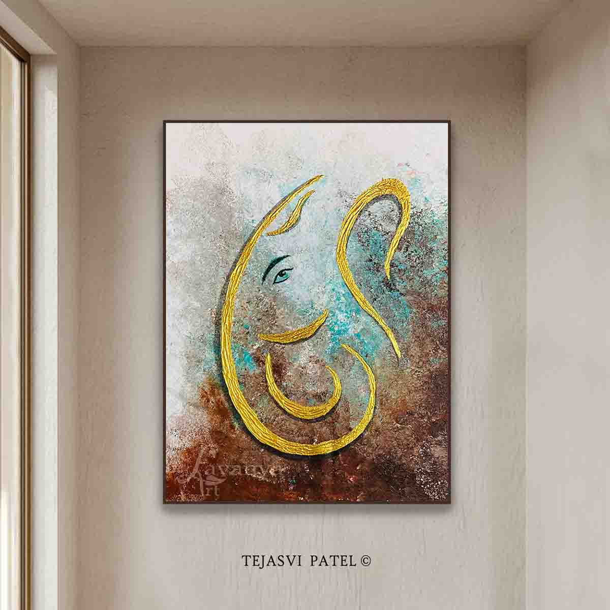 Handmade Ganesha canvas painting with rich textures and contemporary Indian design by Tejasvi Patel.