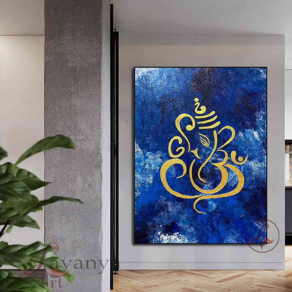 Handmade Ganesha canvas painting with rich textures and contemporary Indian design by Tejasvi Patel.