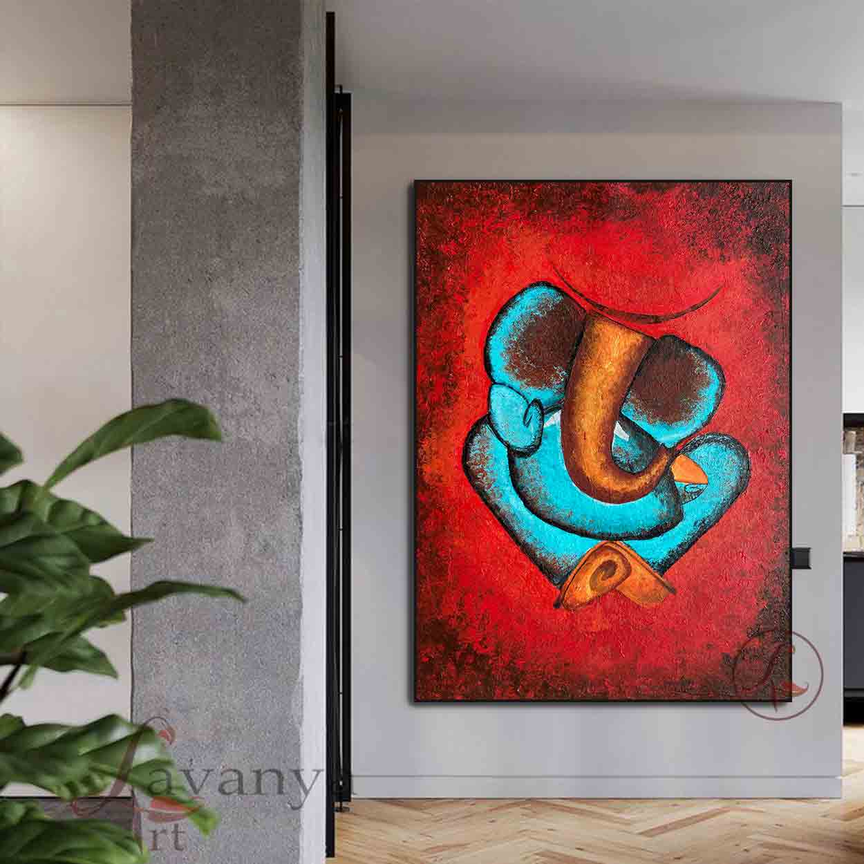 Handmade Ganesha canvas painting with rich textures and contemporary Indian design by Tejasvi Patel.