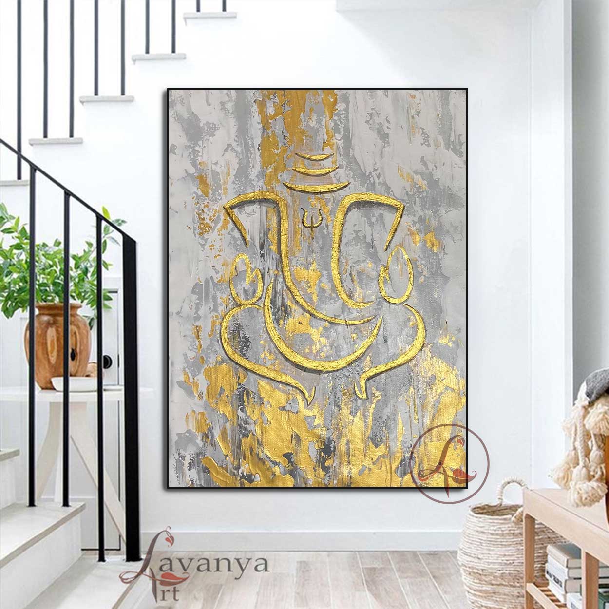 Handmade Ganesha canvas painting with rich textures and contemporary Indian design by Tejasvi Patel.