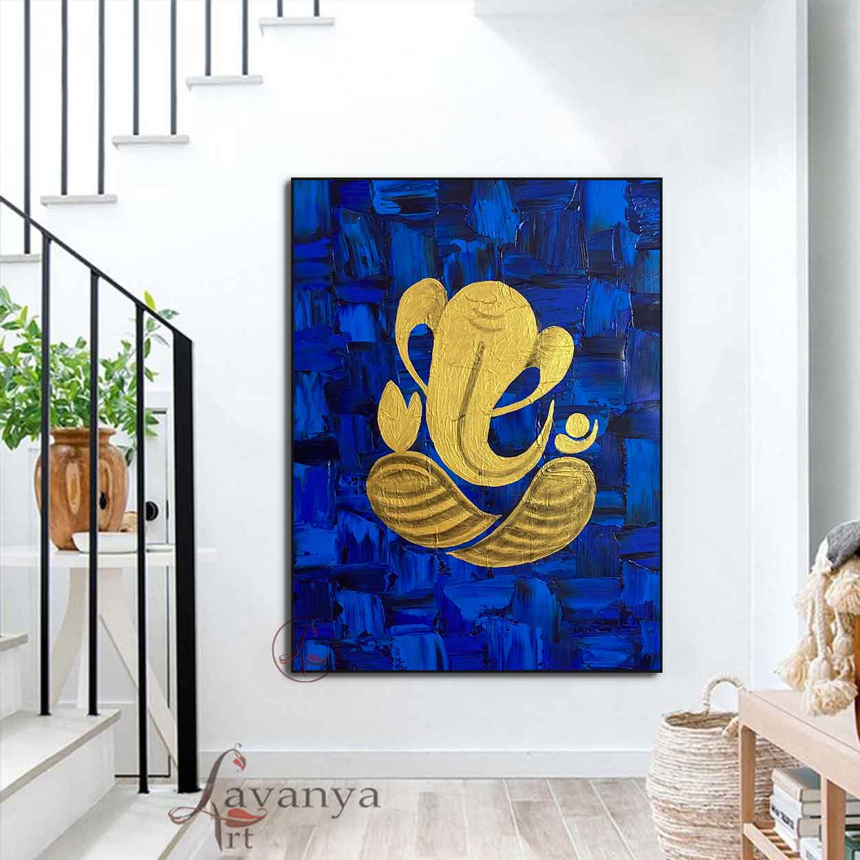 Abstract Ganpati Canvas Painting | Blue Gold Indian Art