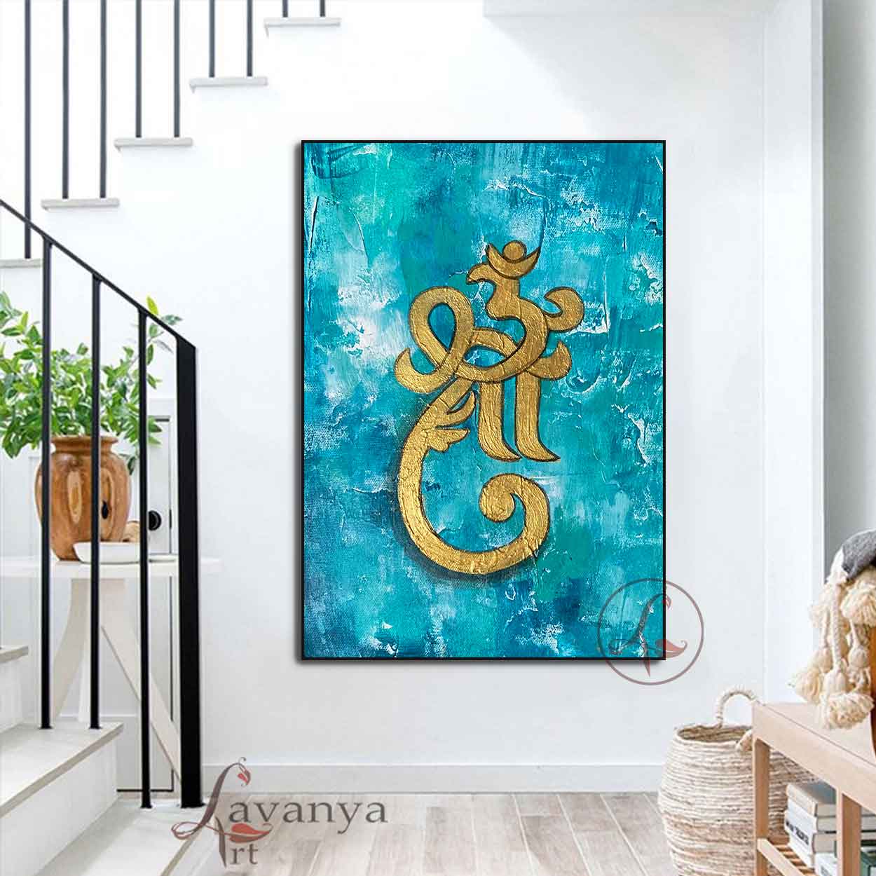 Blue Gold Ganesha Art | Handmade Indian Canvas Painting