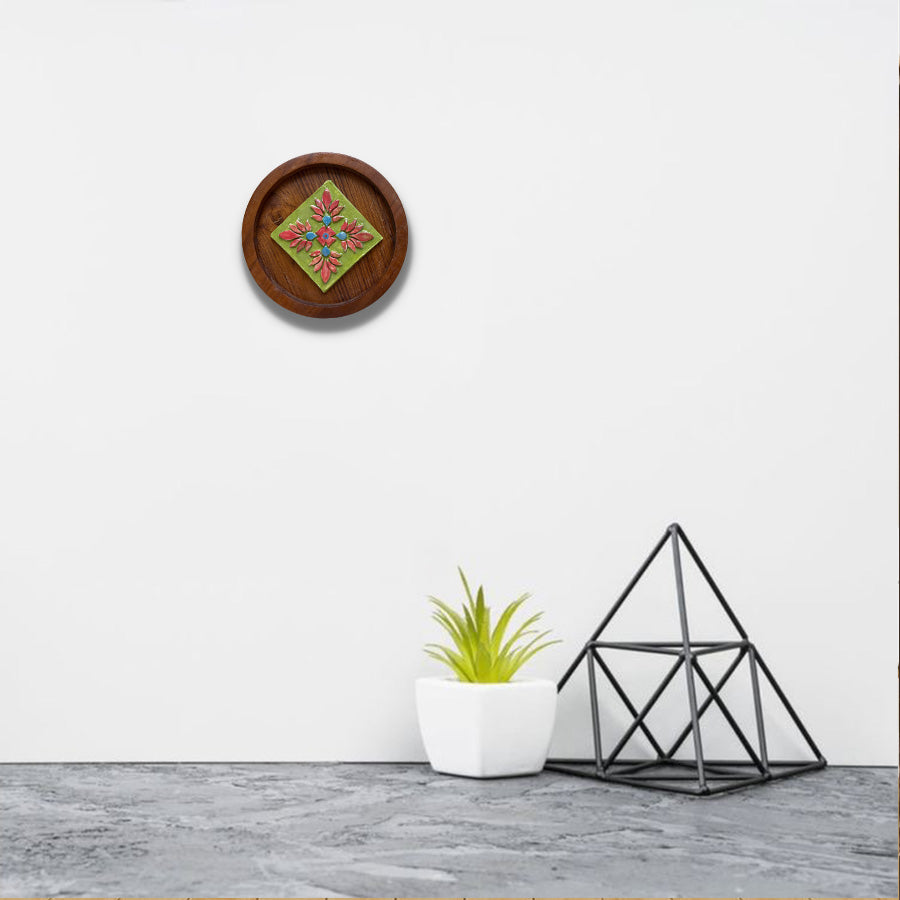 Hand-Carved Ceramic Wall Art | Teak Wood Frame Decor Piece