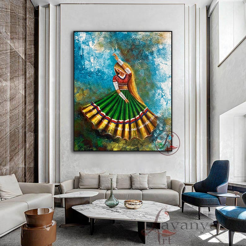 Shop original Rajasthani Woman & Ghoomar Dance Wall Art by Tejasvi Patel. Handmade textured Indian art from Lavanya Art Studio for modern homes.