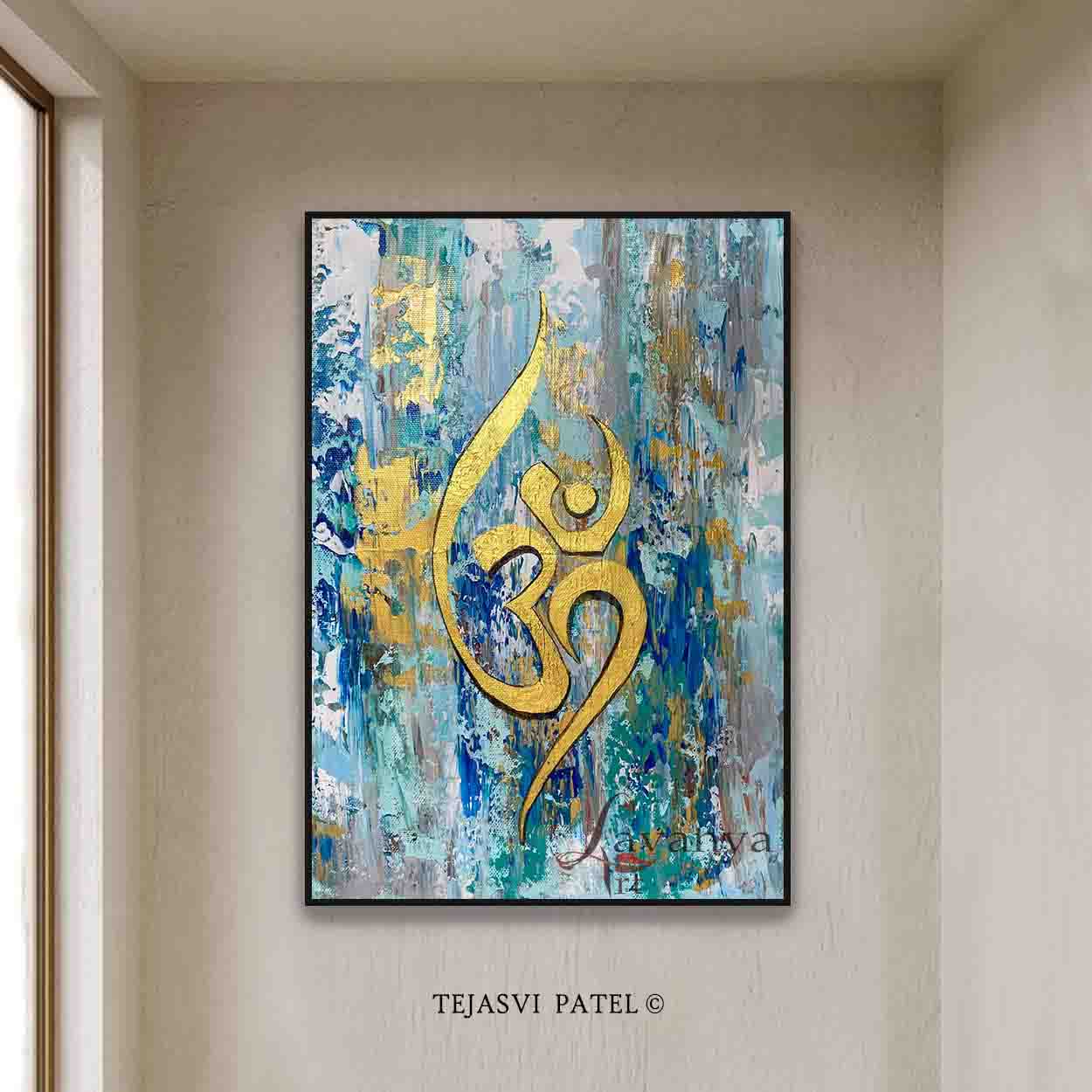 Handmade Om painting enhanced with gold leaf details and rich contemporary textures.
