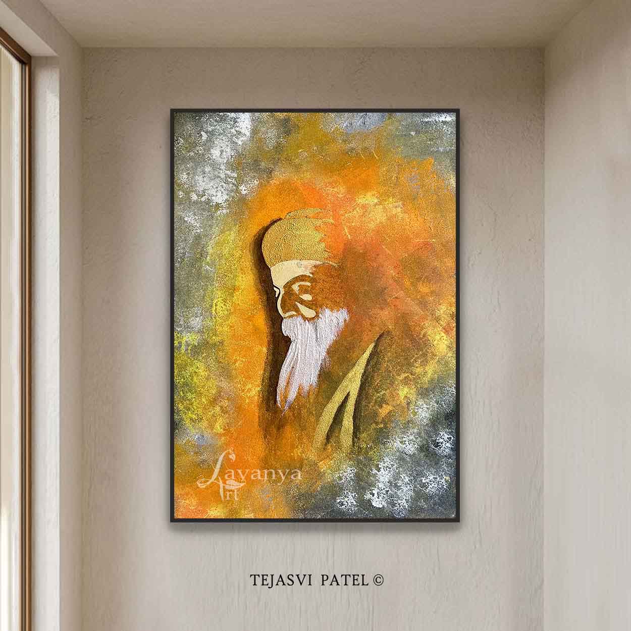 Handcrafted Guru Nanak sikh Art by Tejasvi Patel of Lavanya Art Studio blends abstract Indian Art with spiritual home decor.